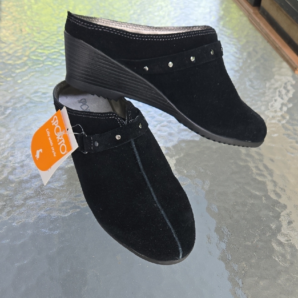SPORTO Black Suede Wedge Mules with Silver Stud Design